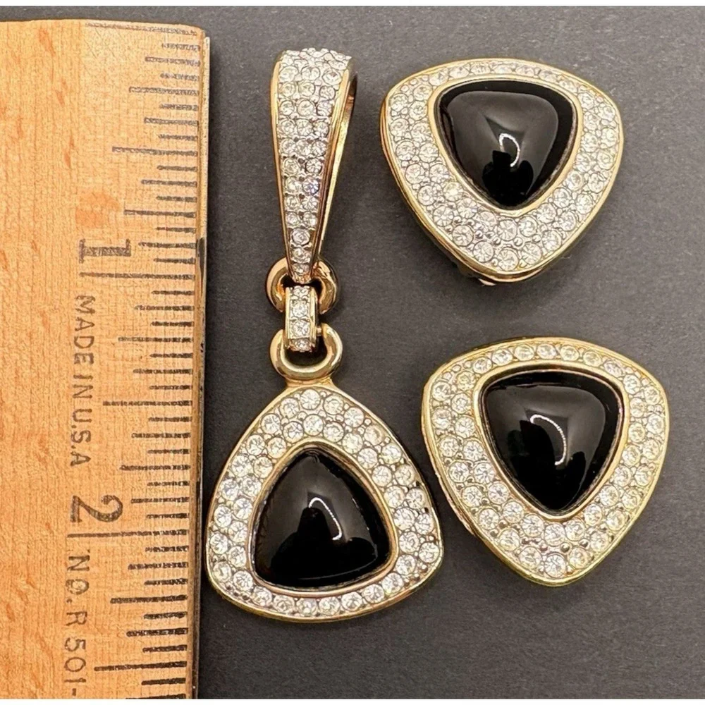 Vintage Swarovski SAL Crystal Pendant Clip‎ Earrings Set Gold Tone Glossy Black